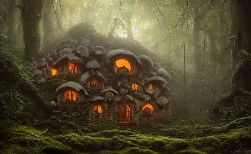 Prompt: A mushroom house!!!!, in a dark forest, small windows !!, macro, cool tones, underexposed, overecast, mysterious matte painting by greg rutkowski and marc simonetti and Ivan Shishkin, 4k