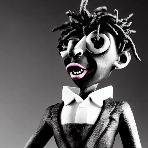 Image similar to a cartoon claymation medium close up sculpture of Playboi Carti, in the style of Tim Burton, black and white, high contrast