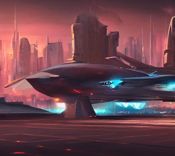 Image similar to immense futuristic sci fi jet lands at runway of cyberpunk city, night photo ,dark cinematic lighting , digital concept art