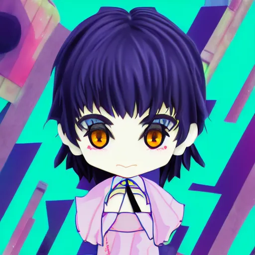 Image similar to vaporwave character face portrait of a singular kawaii chibi in the sytle of vaporwave, in simple background, nendoroid eyes, anime waifu, ukiyoe