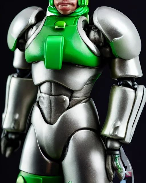 Image similar to portrait of a figurine of cyborg from the sci - fi nintendo videogame metroid. glossy. silver round helmet, silver shoulder pads, green visor. shallow depth of field. suit of armor.