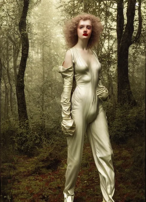 Prompt: of the ancient roman goddess of wisdom and war, with red lips, with curls of long white hair, standing in the middle of the forest and birds, in a leather jumpsuit by lee alexander mcqueen, iron armor, heels very beautiful style, photorealism, edgard maxence 8 k