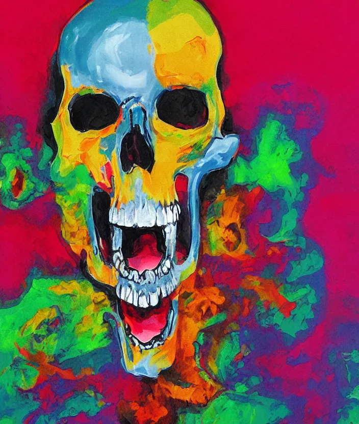 Prompt: a colorful portrait painting of a screaming man with a skull as his head, in the style of stephen gibb, digital art, 4 k,