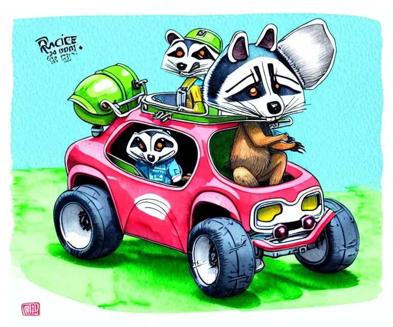 Image similar to cute and funny, racoon wearing a helmet riding in a tiny 4 wheeler with oversized engine, ratfink style by ed roth, centered award winning watercolor pen illustration, isometric illustration by chihiro iwasaki, edited by range murata, tiny details by artgerm, symmetrically centered