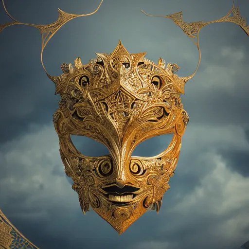 Image similar to an elaborate intricate mask surrounded by storm clouds, rendered in octane, behance hd, bokeh backdrop