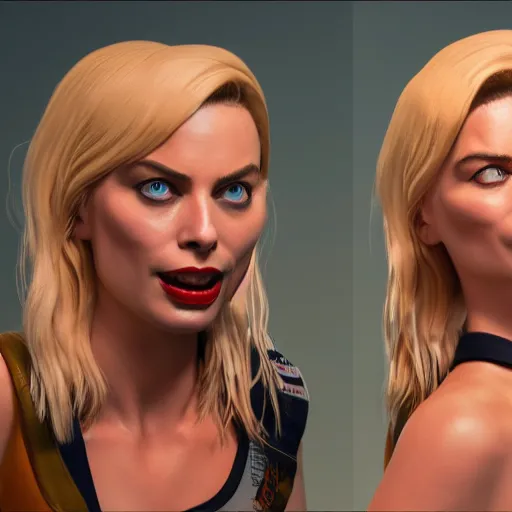 Prompt: margot robbie as tank girl, ultra detailed, concept art, 3 d render, unreal engine 5, ray tracing, fun pose, wild eyes, opened mouth, front and back, big hammer, 4 k