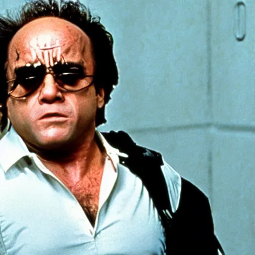 Image similar to Danny DeVito as The Terminator, cinematic, Eastman 5384 film