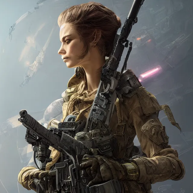 Image similar to the portrait of lawful neutral female futuristic infantry sniper as absurdly beautiful, gorgeous, elegant, young woman looking up, an ultrafine hyperdetailed illustration by kim jung gi, irakli nadar, intricate linework, bright colors, octopath traveler, final fantasy, unreal engine 5 highly rendered, global illumination, radiant light, detailed and intricate environment