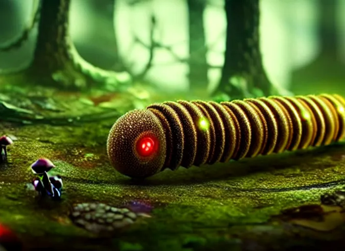 Image similar to 12mm intricate mechanical caterpillar with visible gears and electronics and optic Fibres sitting on top of a mushroom in a magical forest. Very detailed 8k. Fantasy cyberpunk horror. Sharp. Cinematic post-processing