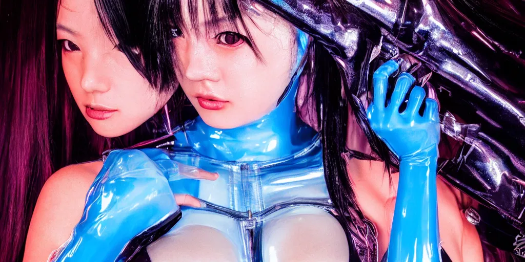 Image similar to a close - up risograph long shot of cyberpunk japanese model girl with black eyes and pretty face wearing latex catsuit and lots of transparent and cellophane accessories, blue hour, twilight, cool, portrait, kodachrome, iso 1 2 0 0, style by moebius