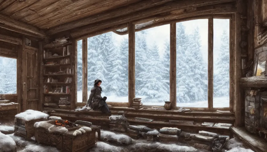 Prompt: A highly detailed matte painting of interior of old cabin in snowy forest, fireplace, bookshelves, old couch, snowing outside windows, by Studio Ghibli, Makoto Shinkai, by Artgerm, by WLOP, by Greg Rutkowski, volumetric lighting, octane render, 4K resolution, trending on artstation, masterpiece