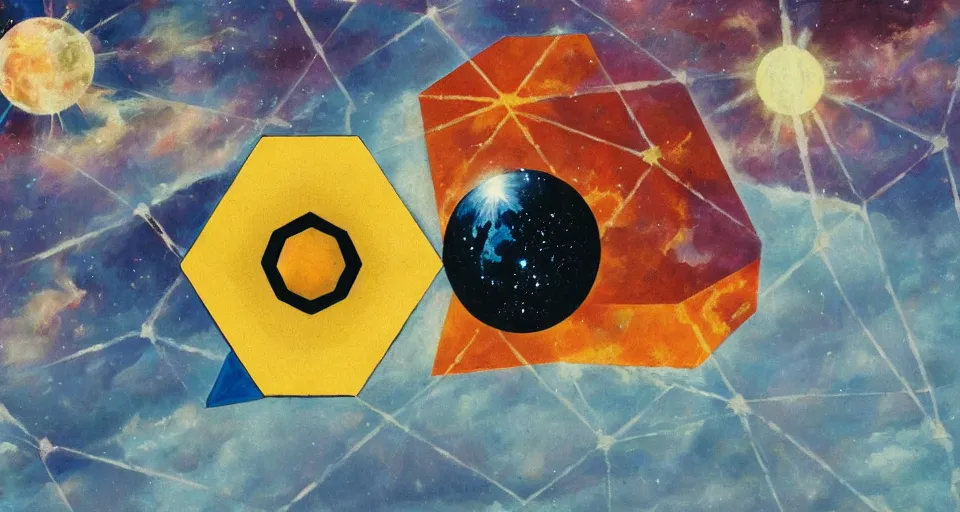 Image similar to hexagonal shield in space, blocking the sun, earth in the foreground, art deco painting