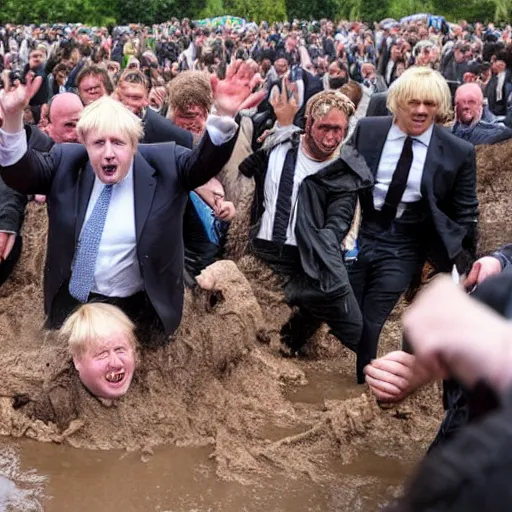 Image similar to several clones of boris johnson raving in a muddy mosh pit