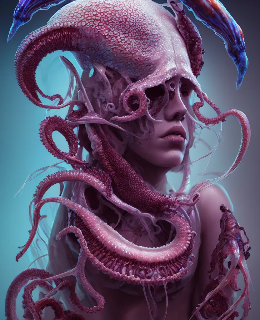 Image similar to hooded goddess close - up portrait hooded human skull, ram skull, squid phoenix jellyfish, orchid, betta fish, bioluminiscent, intricate artwork by tooth wu and wlop and beeple. octane render, trending on artstation, greg rutkowski very coherent symmetrical artwork. cinematic, hyper realism, high detail, octane render, 8 k