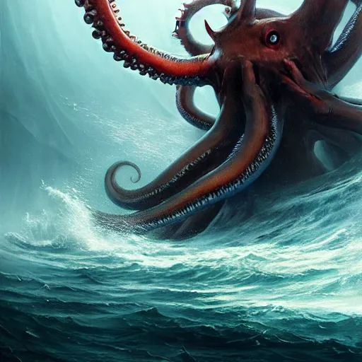 Image similar to a dream fantasy painting of a a man fighting a giant octopus in the deep of the ocean, by beksinki, giger, greg rutkowski, carne griffith trending on artstation, deviantart, photorealism