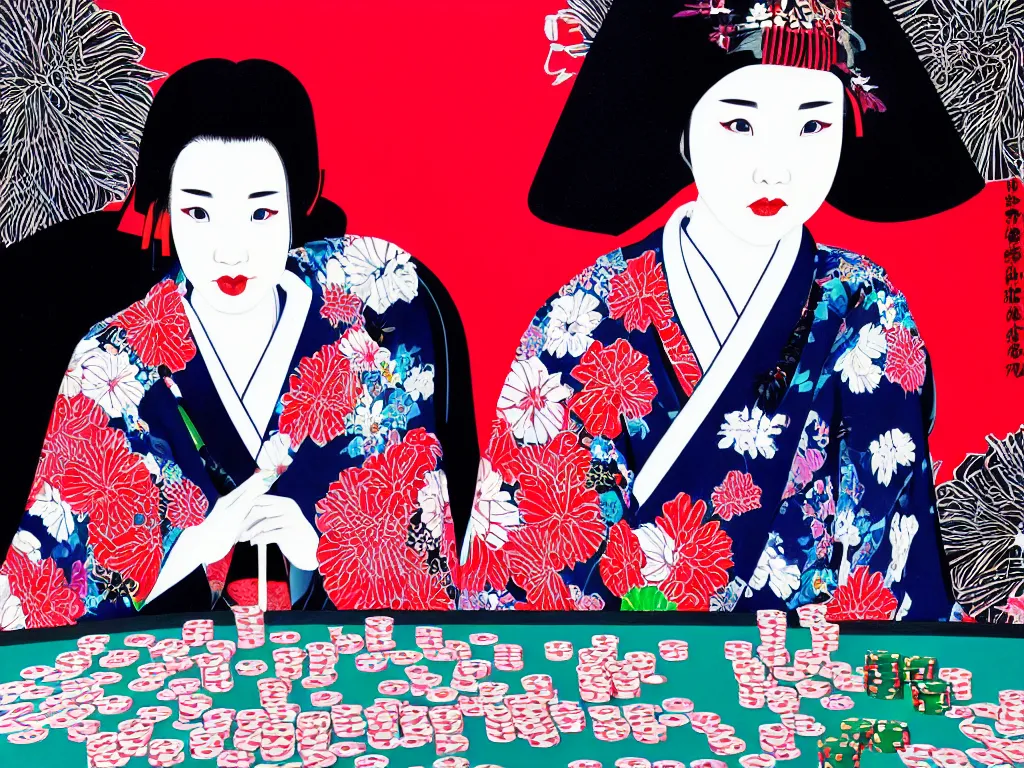 Image similar to hyperrealistim composition of the detailed single woman in a japanese kimono sitting at a extremely detailed poker table with darth vader, fireworks, river on the background, pop - art style, jacky tsai style, andy warhol style, acrylic on canvas