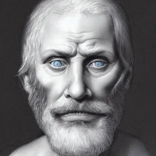 Prompt: A hyper realistic portrait of a man in his 40s, grey hair reaching to the shoulders, beard, blue eyes, scarred face, by michelangelo