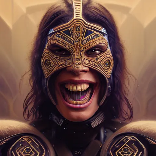 Image similar to portrait painting of a proud cyberpunk maori warrior laughing, ultra realistic, concept art, intricate details, eerie, highly detailed, photorealistic, octane render, 8 k, unreal engine. art by artgerm and greg rutkowski and magali villeneuve and alphonse mucha