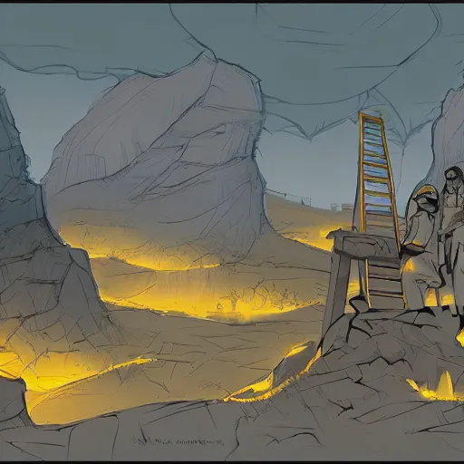 Prompt: mining for golden ideas, concept art, matte painting, flat colors.