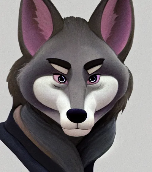 Image similar to digital drawing bust of anthromorphic female wolf, in style of zootopia, zootopia, zootopia, fursona, furry, furaffinity, 4 k, deviantart, furry art, fursona art, wearing black business suit, business suit, in style of zootopia, wolf fursona, cyberpunk, female, expressive detailed feminine face,