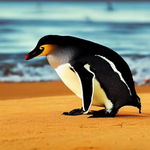 Prompt: photo of a penguin writing with a stick in the sand, sunset natural geographic, award winning