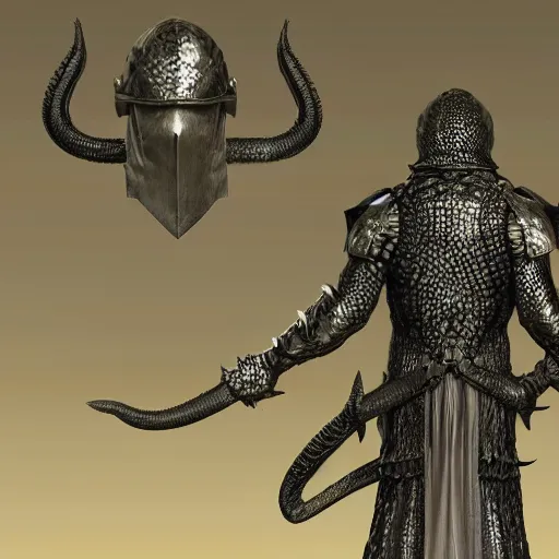 Prompt: detailed hypperrealistic artstation render of a scaly black cloaked man, wearing a metal knights helmet, carries a large knights greatsword in his hands, tentacles emerge from his back like wings