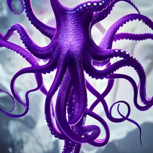 Image similar to a photo of 8k ultra realistic evil purple squid, full body, intricate purple and blue tentacles, ornate