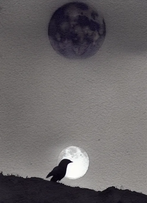 Image similar to portrait, silhouette of a crow blends into the moon, watercolor, dramatic lighting, cinematic, establishing shot, extremely high detail, foto realistic, cinematic lighting, digital art, vector, by Yoshitaka Amano, Ruan Jia, Kentaro Miura, Artgerm, post processed, concept art, artstation, matte painting, style by eddie mendoza, raphael lacoste, alex ross