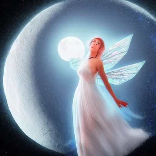 Prompt: crystal fairy floating in the night sky in white dripped dress in front of the moon, stunning otherworldly goddess of beauty rising from the darkness of the void, dark and mysterious, stopped in time, atmospheric, ominous, eerie, cinematic, Epic, 8k, 4k, ultra detail, ultra realistic, rendered by awesomeness