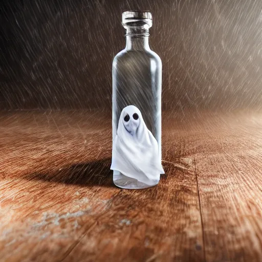 Prompt: hyper realistic professional photograph of ghost trapped inside a pet bottle taken inside professional studio