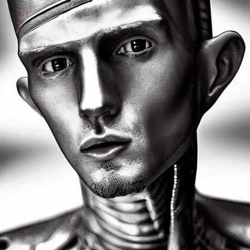 Image similar to “a realistic detailed photo of a guy who is an attractive humanoid who is half robot and half humanoid, who is a male android, rapper Machine Gun Kelly, shiny skin, posing like a statue, blank stare”