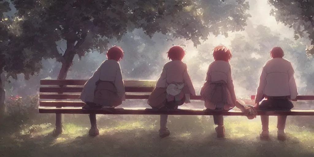 Image similar to a family with sorrow faces sitting on a bench, close up shot, anime art, Greg Rutkowski, studio ghibli, dramatic lighting