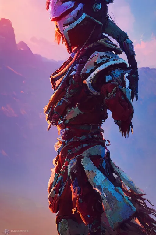 Image similar to combination suit armor aloy horizon forbidden west horizon zero dawn radiating a glowing aura global illumination ray tracing hdr fanart arstation by ian pesty and alena aenami artworks in 4 k tribal robot ninja mask helmet backpack