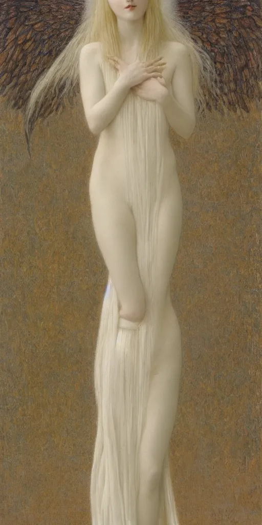 Image similar to Say who is this with silver hair so pale and Wan and thin? Beautiful feminine angel in the style of Jean Delville, Lucien Lévy-Dhurmer, Fernand Keller, Fernand Khnopff, single figure, oil on canvas, 1896, 4K resolution, aesthetic, mystery