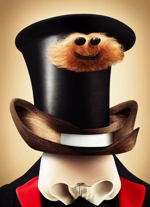 Image similar to closeup portrait of lord snooty wearing a top hat, depth of field, zeiss lens, detailed, symmetrical, centered, fashion photoshoot, by Annie Leibovitz and Steve McCurry, David Lazar, Jimmy Nelsson, Breathtaking, 8k resolution, extremely detailed, beautiful, establishing shot, artistic, hyperrealistic, beautiful face, octane render