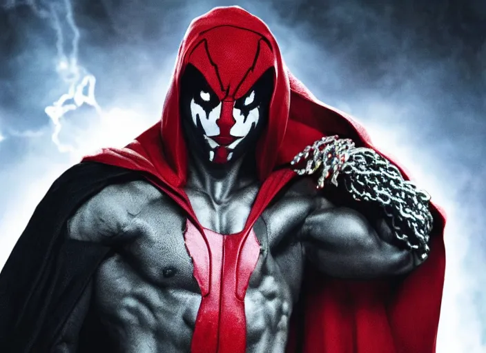 Image similar to film still of michael b jordan as spawn in the new spawn movie, giant chains, large cape, 8 k