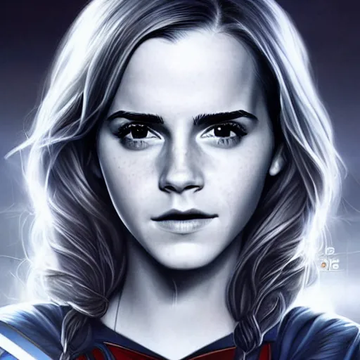 Prompt: emma watson as supergirl, realistic, intricate, elegant, art by artgerm and wlop