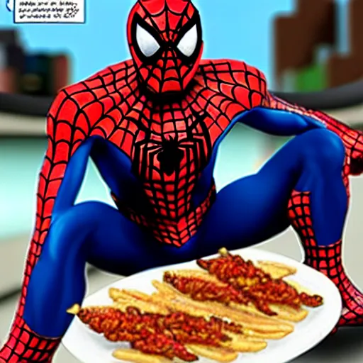 Prompt: spiderman eating greasy food from arby's