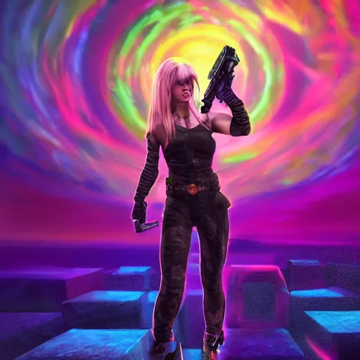 Image similar to Long Shot of psychodelic Sonya Blade in mysterious astral temple jumpin with pistol in river of chromatic SPIRITS , beautiful, dmt, trending on artstation, omnious, soft, hypermaximalistic, high details, cinematic, 8k resolution, artwork by Wong, Liam