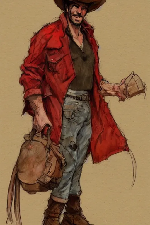 Image similar to character design, reference sheet, 40's adventurer, unshaven, optimistic, stained dirty clothing, straw hat, heavy boots, red jacket, detailed, concept art, realistic, hyperdetailed, , art by Frank Frazetta