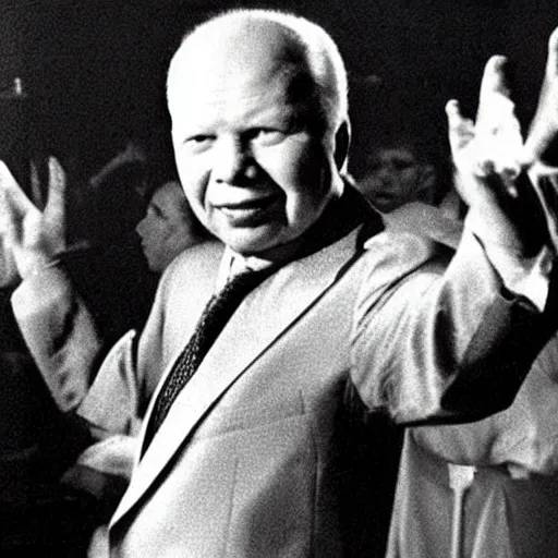 Prompt: A still of Khrushchev wearing a disco suit in Saturday Night Fever