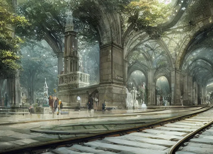 Prompt: A train subway inside a beautiful elven city made of white marble, anime, lush trees, fountain, statue, big clock, trains, a fantasy digital painting by Greg Rutkowski and James Gurney, trending on Artstation, highly detailed