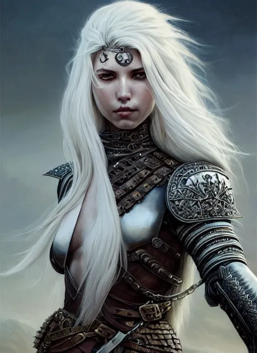 Image similar to warrior, leather armor!!! long wild white hair!! covered chest!!! fantasy, d & d, intricate ornate details, digital painting, pretty face!!, symmetry, concept art, sharp focus, illustration, art by artgerm! greg rutkowski magali villeneuve wlop! ilya kuvshinov!!, octane render