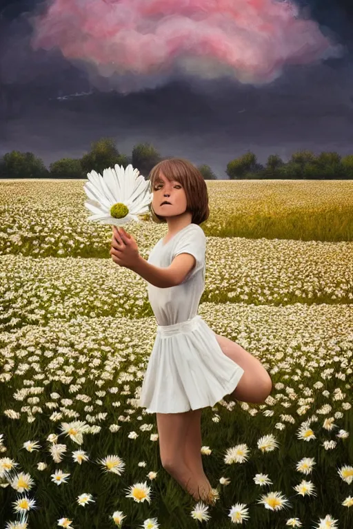Image similar to giant white daisy flower face, girl dancing in a flower field, surreal photography, sunrise, dramatic light, impressionist painting, colorful clouds, digital painting, artstation, simon stalenhag