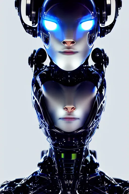 Image similar to cybernetic high tech catgirl, cat on head, sci - fi, cyberpunk, futurism, exoskeleton, strong artificial intelligence, symmetry, cinematic, elegant, luxury, professional studio light, perfect composition, dlsr photography, sharp focus, 8 k, ultra hd, sense of awe, highly detailed, hyper realistic, intricate, science journal cover