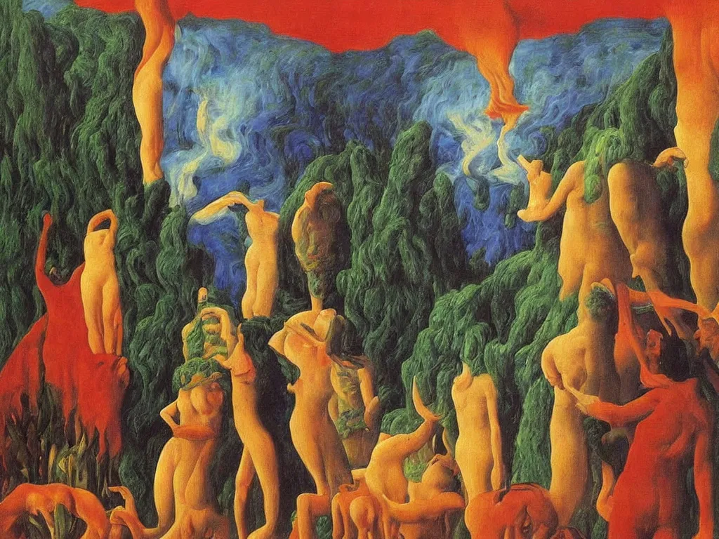 Image similar to Scene from a Romanian movie. Painting by Rene Magritte, Jean Delville, Max Ernst, Maria Sybilla Merian