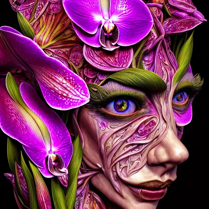 Image similar to psychedelic face made of orchid, diffuse lighting, fantasy, intricate, elegant, highly detailed, lifelike, photorealistic, digital painting, artstation, illustration, concept art, smooth, sharp focus, art by Giuseppe Arcimboldo