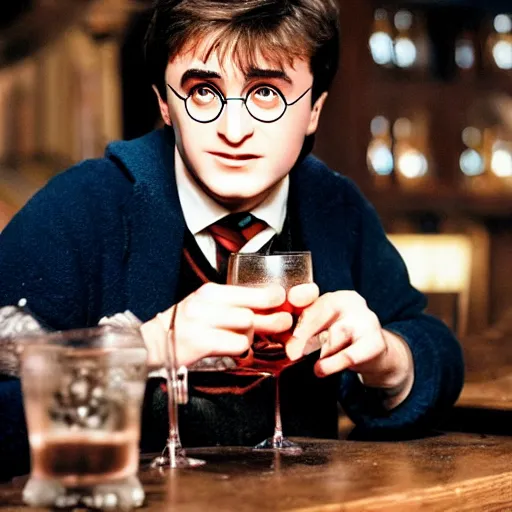 Prompt: harry potter drinking vodka in a pub