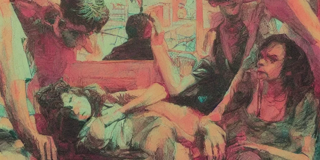 Prompt: a close - up grainy risograph, pastel colors painting of a scene from the requiem for a dream by moebius and lehr paul and kim jung gi