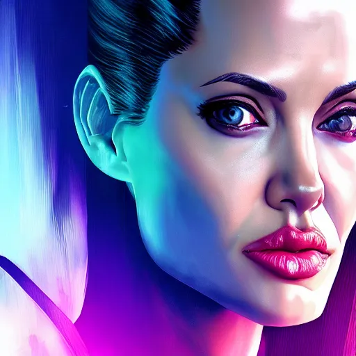 Image similar to angelina jolie portrait, Cyberpunk 2077, cyberpsycho, photorealistic, ultra detailed, neon, octane, bokeh, cyber, cyberpunk city, feature, scars, cyberface, 8k